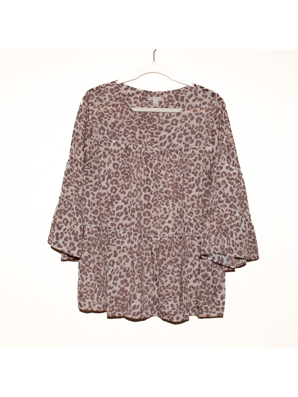 Cato Leopard Print Tiered Bell Sleeve Blouse Brown Boho Streetwear Womens L